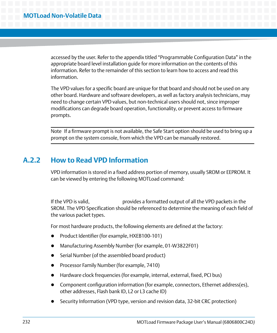 A.2.2 how to read vpd information, Motload non-volatile data | Artesyn MOTLoad Firmware Package User's Manual (February 2015) User Manual | Page 232 / 282