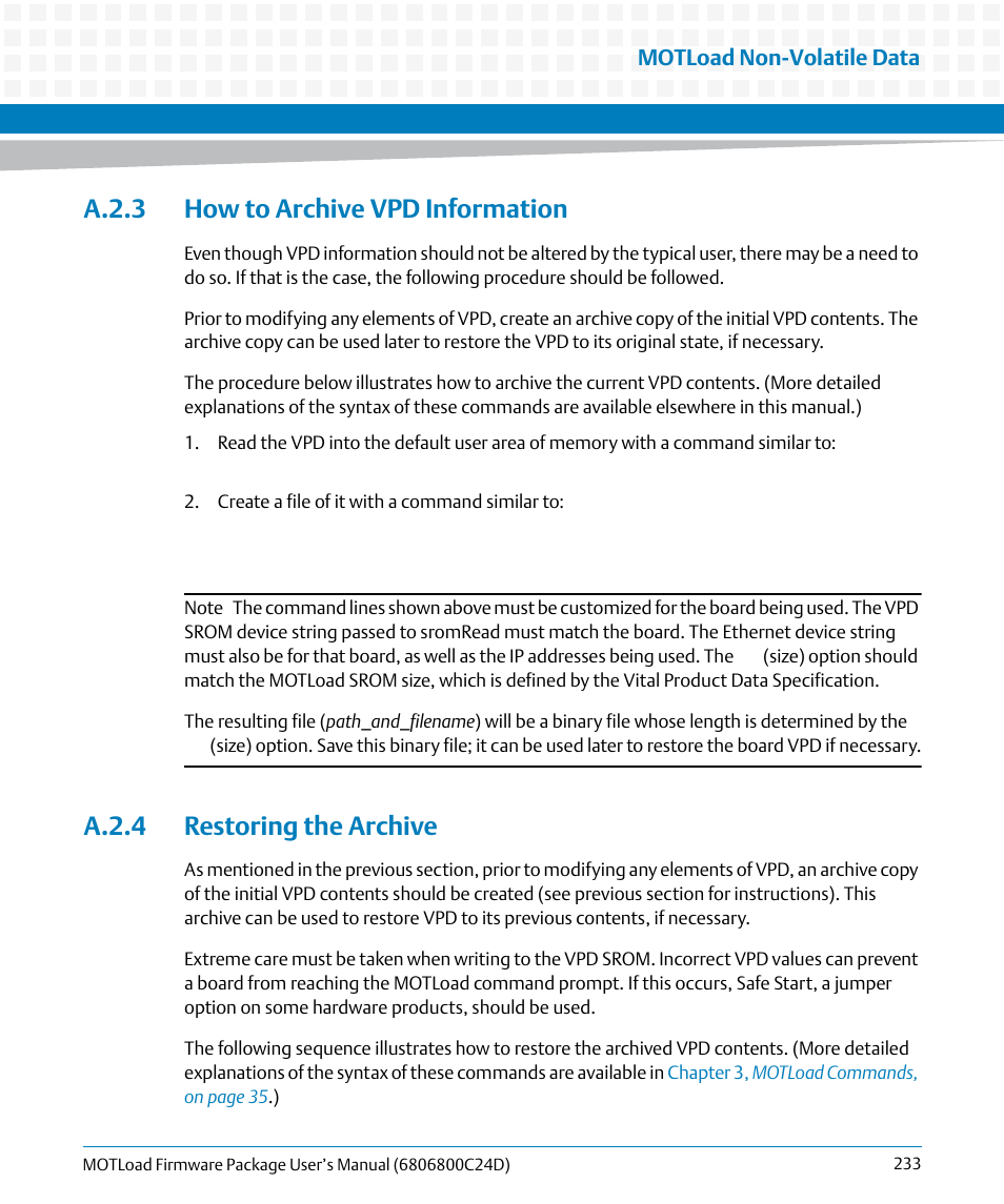 A.2.3 how to archive vpd information, A.2.4 restoring the archive | Artesyn MOTLoad Firmware Package User's Manual (February 2015) User Manual | Page 233 / 282