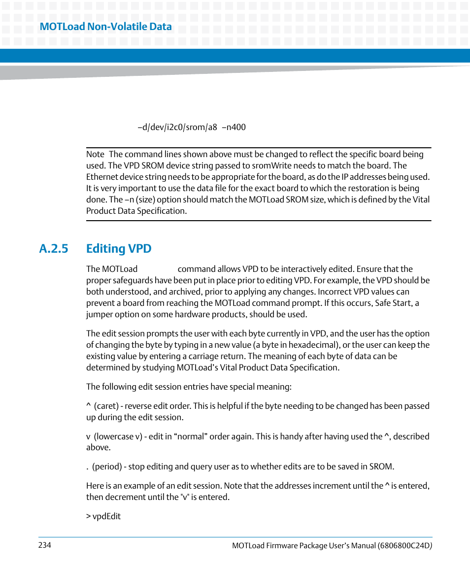 A.2.5 editing vpd | Artesyn MOTLoad Firmware Package User's Manual (February 2015) User Manual | Page 234 / 282