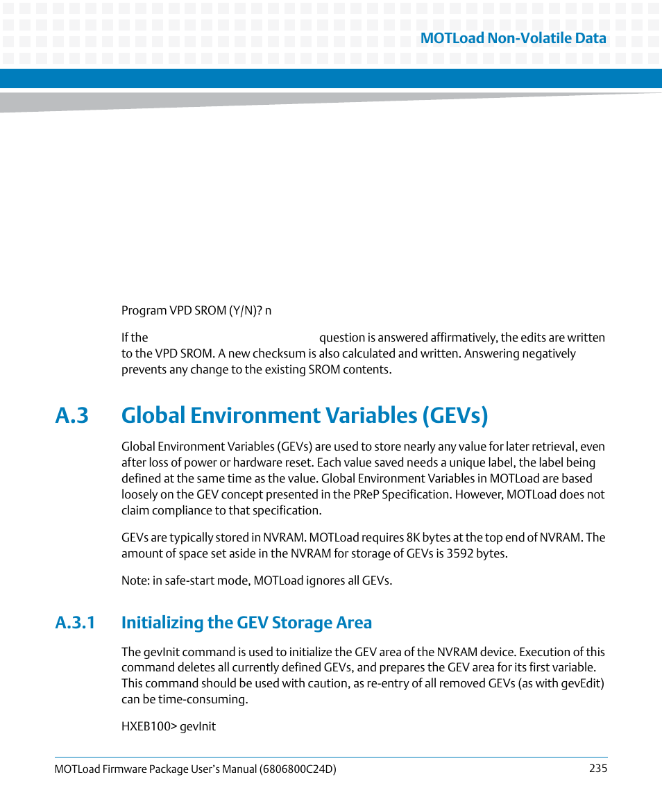 A.3 global environment variables (gevs), A.3.1 initializing the gev storage area | Artesyn MOTLoad Firmware Package User's Manual (February 2015) User Manual | Page 235 / 282