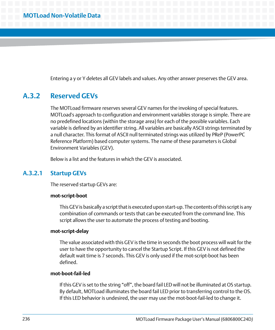 A.3.2 reserved gevs, A.3.2.1 startup gevs, Reserved gevs | Artesyn MOTLoad Firmware Package User's Manual (February 2015) User Manual | Page 236 / 282