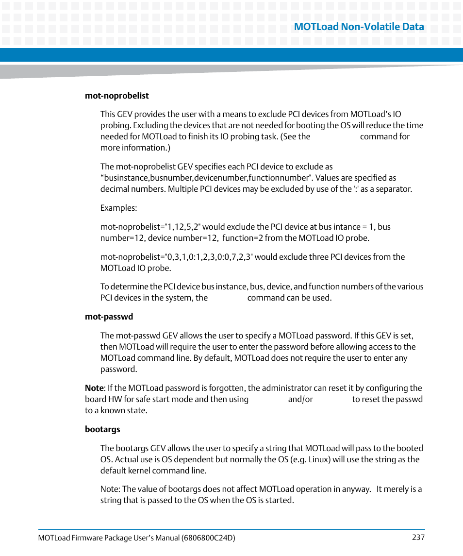 Motload non-volatile data | Artesyn MOTLoad Firmware Package User's Manual (February 2015) User Manual | Page 237 / 282
