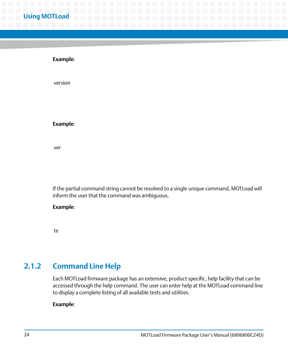 2 command line help, Using motload | Artesyn MOTLoad Firmware Package User's Manual (February 2015) User Manual | Page 24 / 282