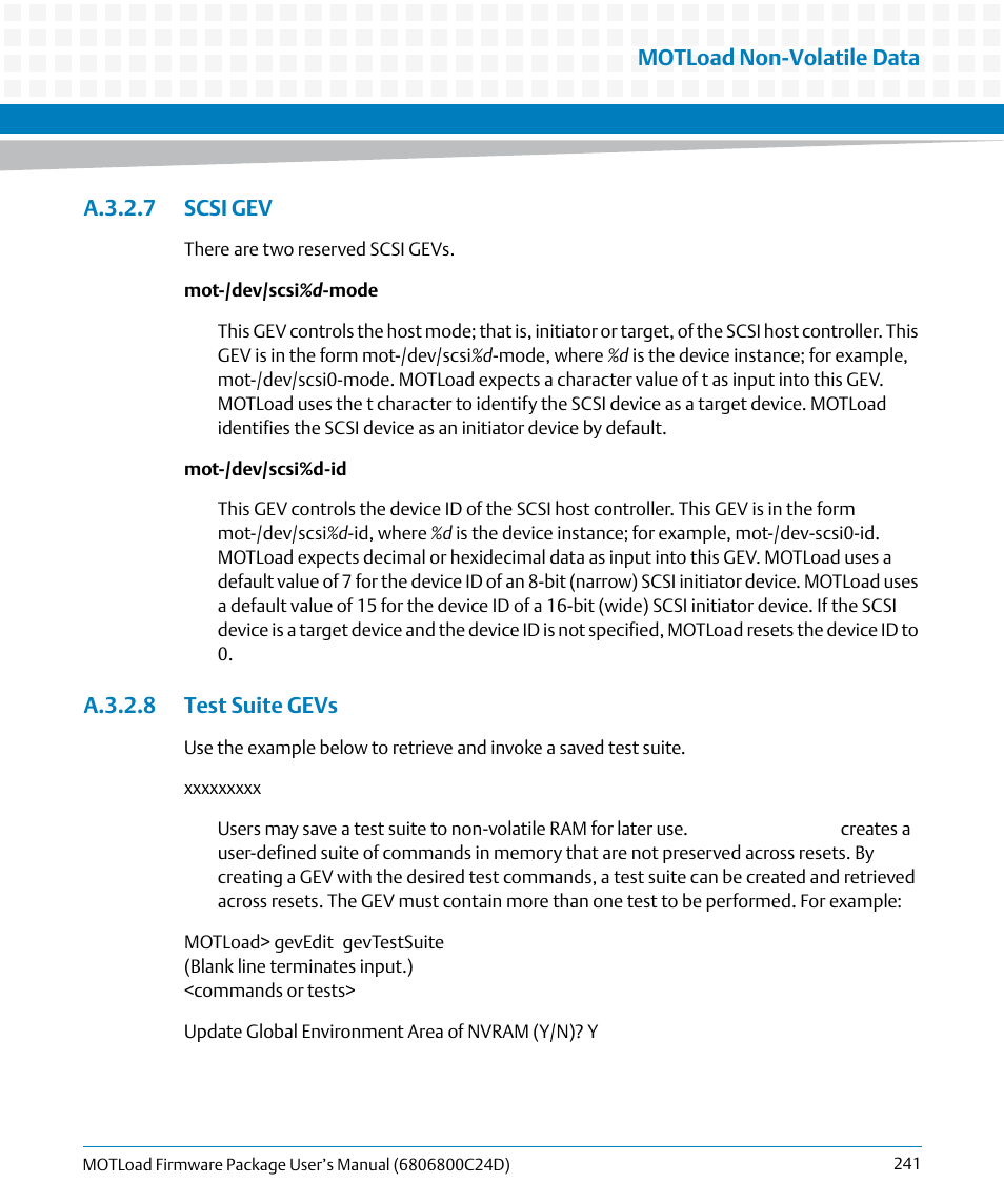 A.3.2.7 scsi gev, A.3.2.8 test suite gevs, A.3.2.7 scsi gev a.3.2.8 test suite gevs | Artesyn MOTLoad Firmware Package User's Manual (February 2015) User Manual | Page 241 / 282