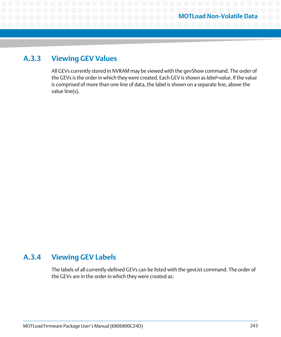 A.3.3 viewing gev values, A.3.4 viewing gev labels, A.3.3 viewing gev values a.3.4 viewing gev labels | Motload non-volatile data | Artesyn MOTLoad Firmware Package User's Manual (February 2015) User Manual | Page 243 / 282