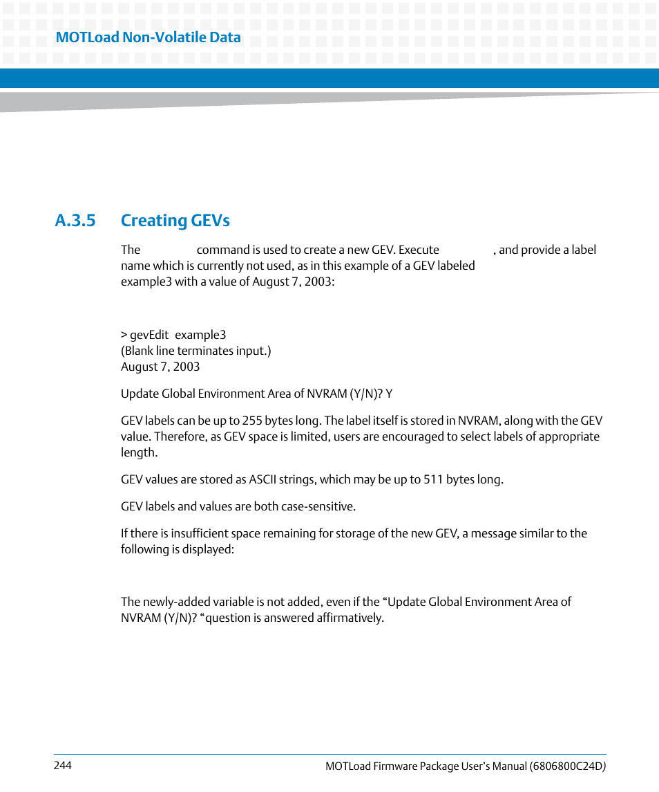 A.3.5 creating gevs, Motload non-volatile data | Artesyn MOTLoad Firmware Package User's Manual (February 2015) User Manual | Page 244 / 282
