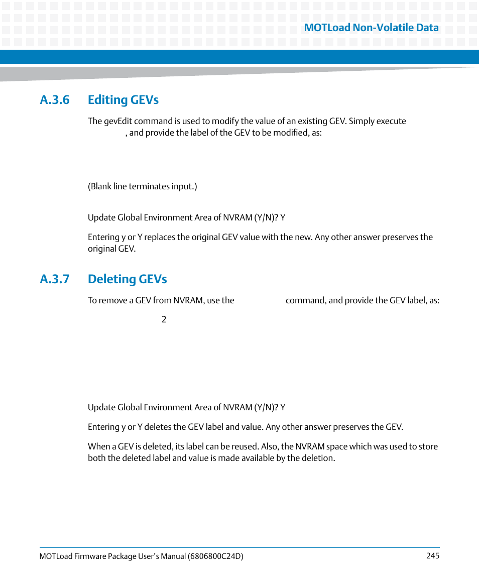 A.3.6 editing gevs, A.3.7 deleting gevs, A.3.6 editing gevs a.3.7 deleting gevs | Artesyn MOTLoad Firmware Package User's Manual (February 2015) User Manual | Page 245 / 282
