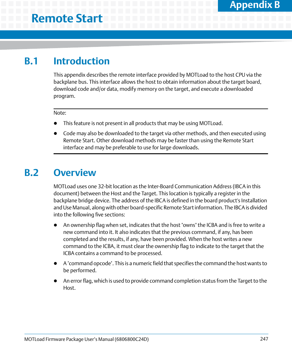 B remote start, B.1 introduction, B.2 overview | Remote start, B.1 introduction b.2 overview, Appendix b, remote start, Appendix b | Artesyn MOTLoad Firmware Package User's Manual (February 2015) User Manual | Page 247 / 282