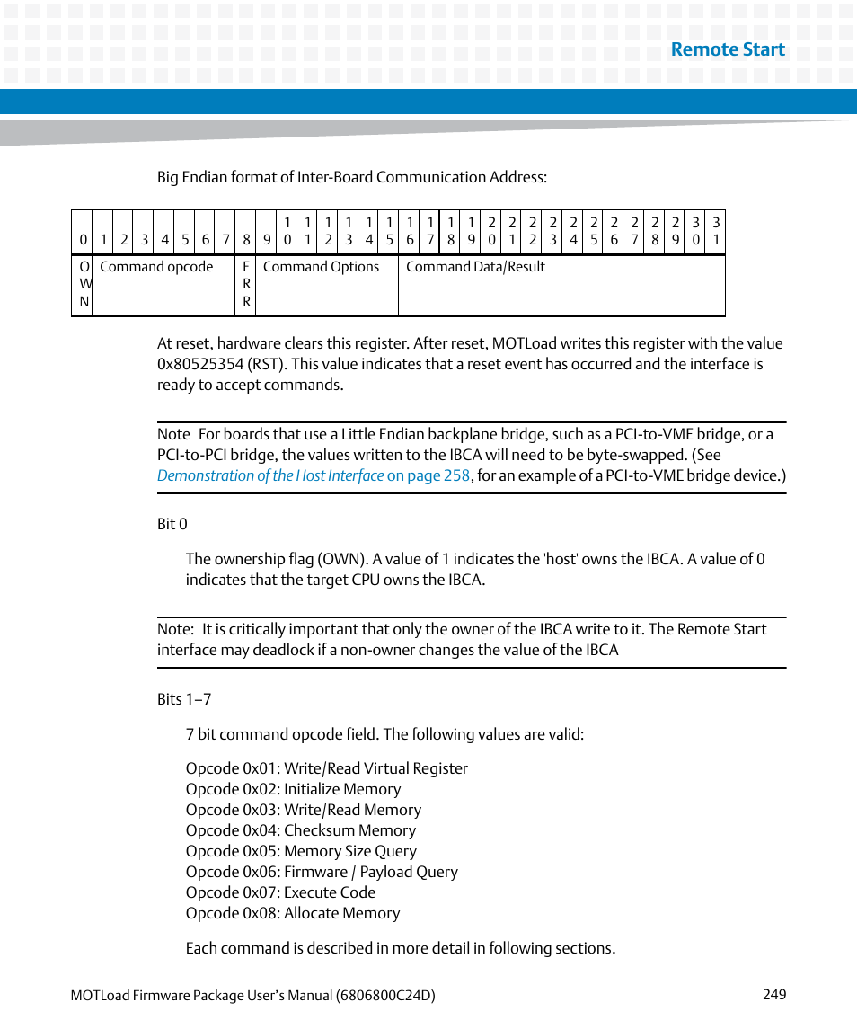 Remote start | Artesyn MOTLoad Firmware Package User's Manual (February 2015) User Manual | Page 249 / 282