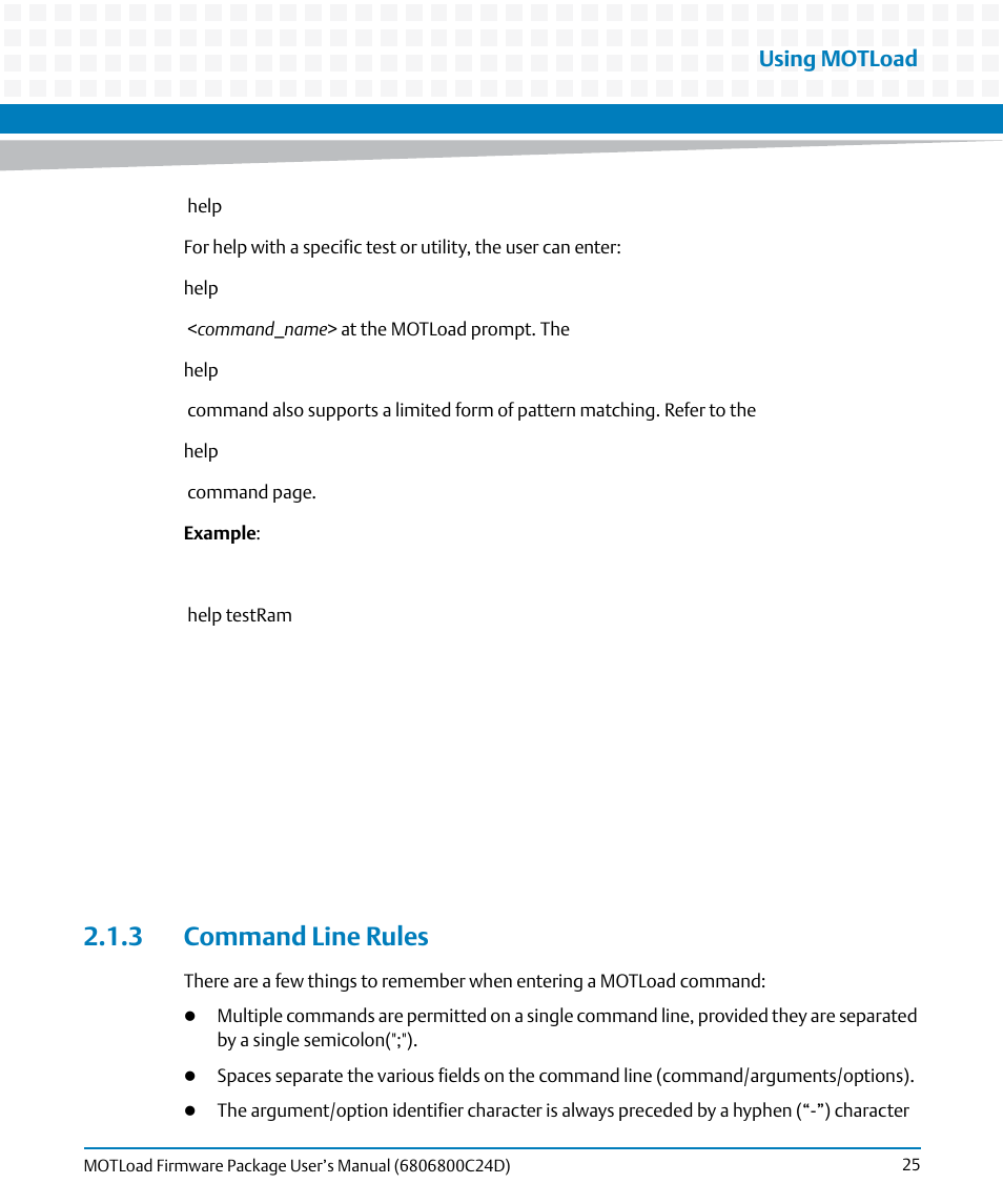 3 command line rules, Using motload | Artesyn MOTLoad Firmware Package User's Manual (February 2015) User Manual | Page 25 / 282