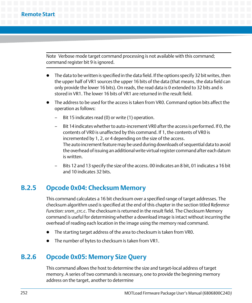 B.2.5 opcode 0x04: checksum memory, B.2.6 opcode 0x05: memory size query | Artesyn MOTLoad Firmware Package User's Manual (February 2015) User Manual | Page 252 / 282