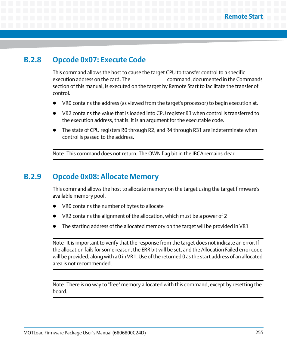 B.2.8 opcode 0x07: execute code, B.2.9 opcode 0x08: allocate memory | Artesyn MOTLoad Firmware Package User's Manual (February 2015) User Manual | Page 255 / 282