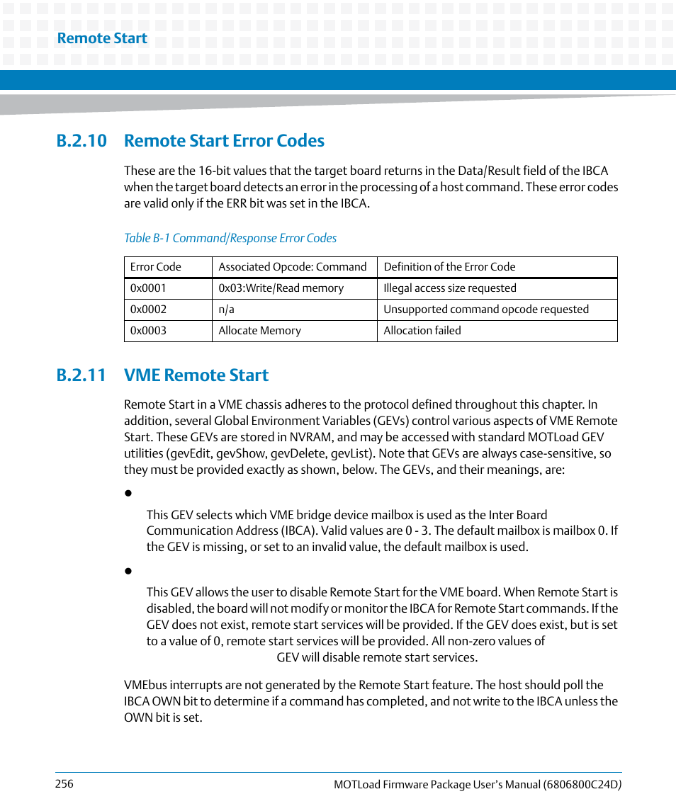 B.2.10 remote start error codes, B.2.11 vme remote start, Table b-1 | Command/response error codes, Remote start | Artesyn MOTLoad Firmware Package User's Manual (February 2015) User Manual | Page 256 / 282