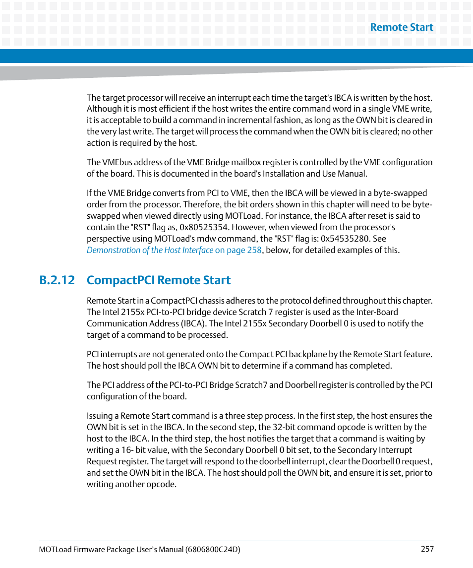 B.2.12 compactpci remote start, Remote start | Artesyn MOTLoad Firmware Package User's Manual (February 2015) User Manual | Page 257 / 282