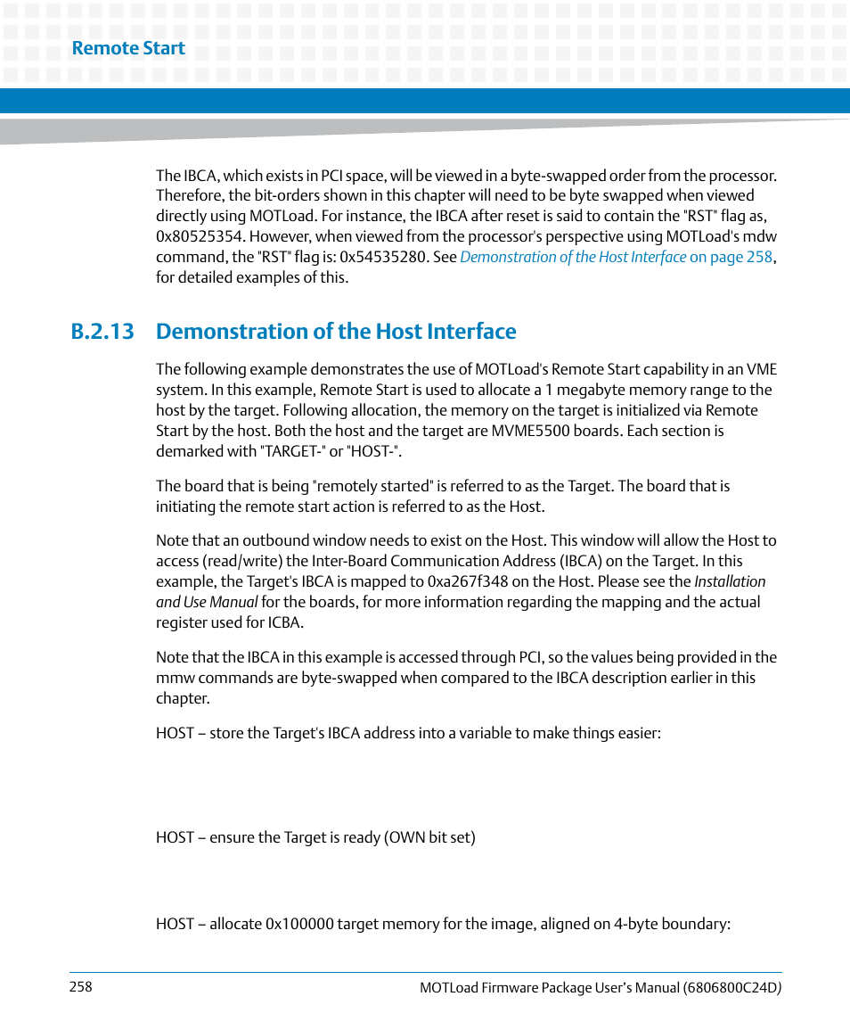 B.2.13 demonstration of the host interface, Remote start | Artesyn MOTLoad Firmware Package User's Manual (February 2015) User Manual | Page 258 / 282