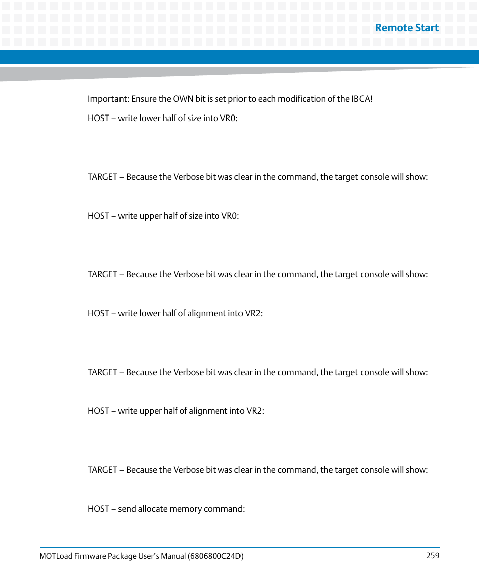 Remote start | Artesyn MOTLoad Firmware Package User's Manual (February 2015) User Manual | Page 259 / 282