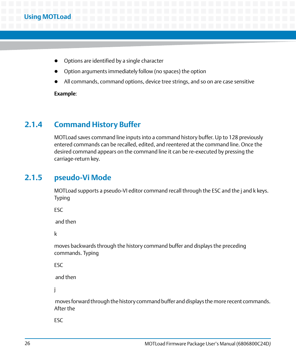 4 command history buffer, 5 pseudo-vi mode, 4 command history buffer 2.1.5 pseudo-vi mode | Artesyn MOTLoad Firmware Package User's Manual (February 2015) User Manual | Page 26 / 282