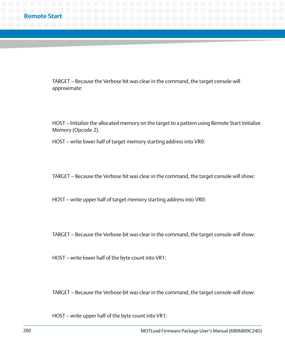 Remote start | Artesyn MOTLoad Firmware Package User's Manual (February 2015) User Manual | Page 260 / 282