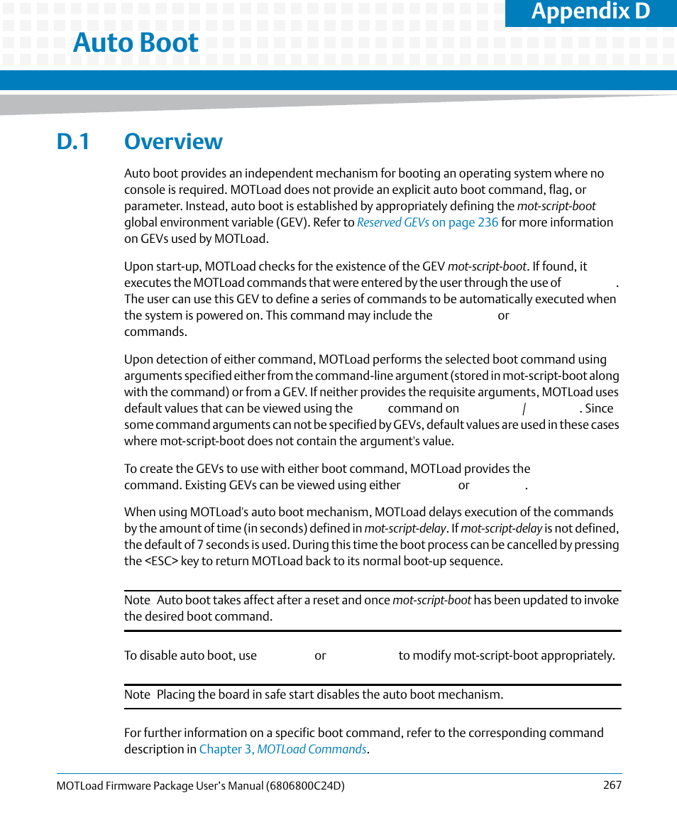 D auto boot, D.1 overview, Appendix d, auto boot | Auto boot, Appendix d | Artesyn MOTLoad Firmware Package User's Manual (February 2015) User Manual | Page 267 / 282