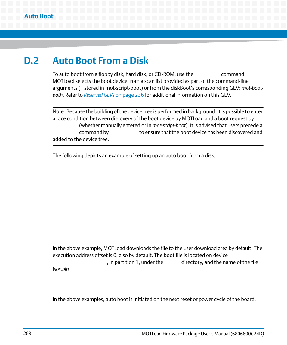D.2 auto boot from a disk | Artesyn MOTLoad Firmware Package User's Manual (February 2015) User Manual | Page 268 / 282
