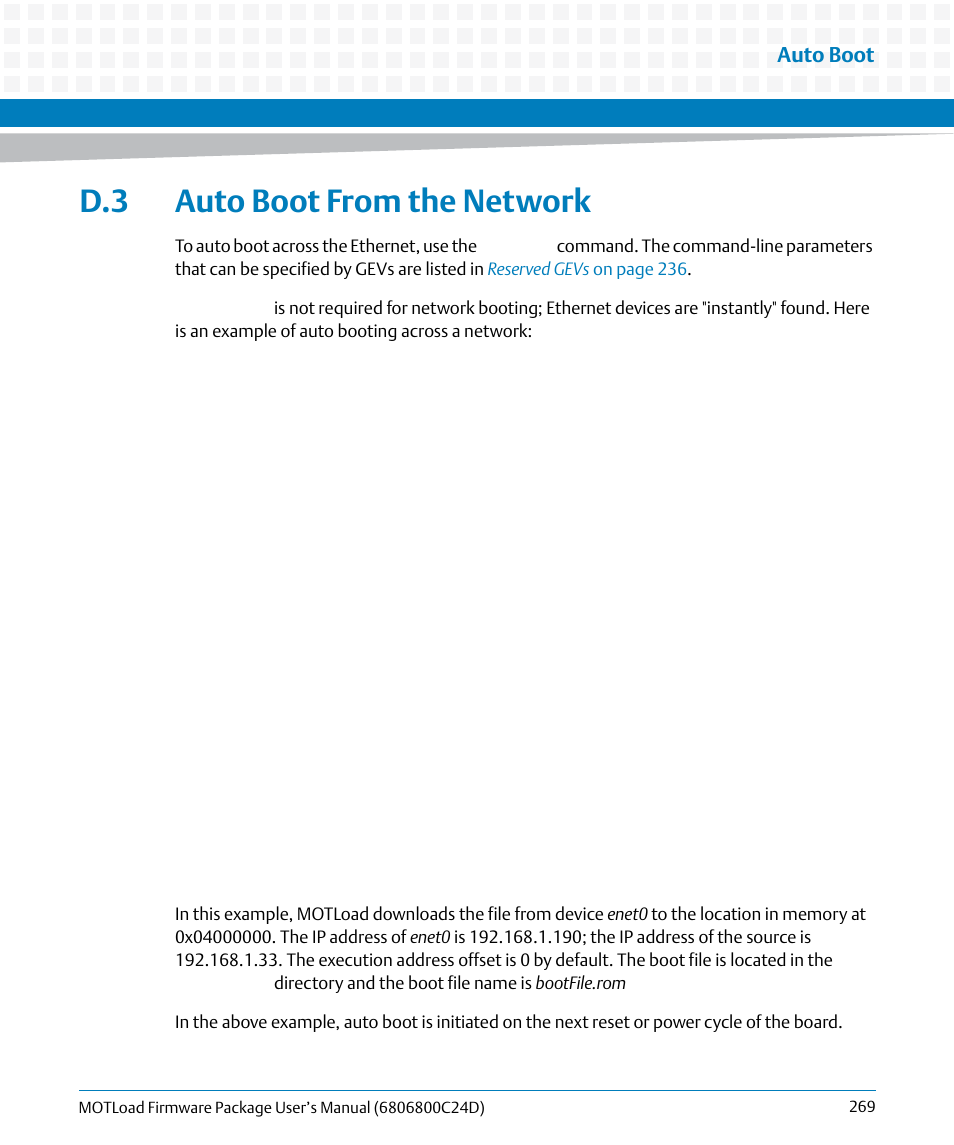 D.3 auto boot from the network | Artesyn MOTLoad Firmware Package User's Manual (February 2015) User Manual | Page 269 / 282