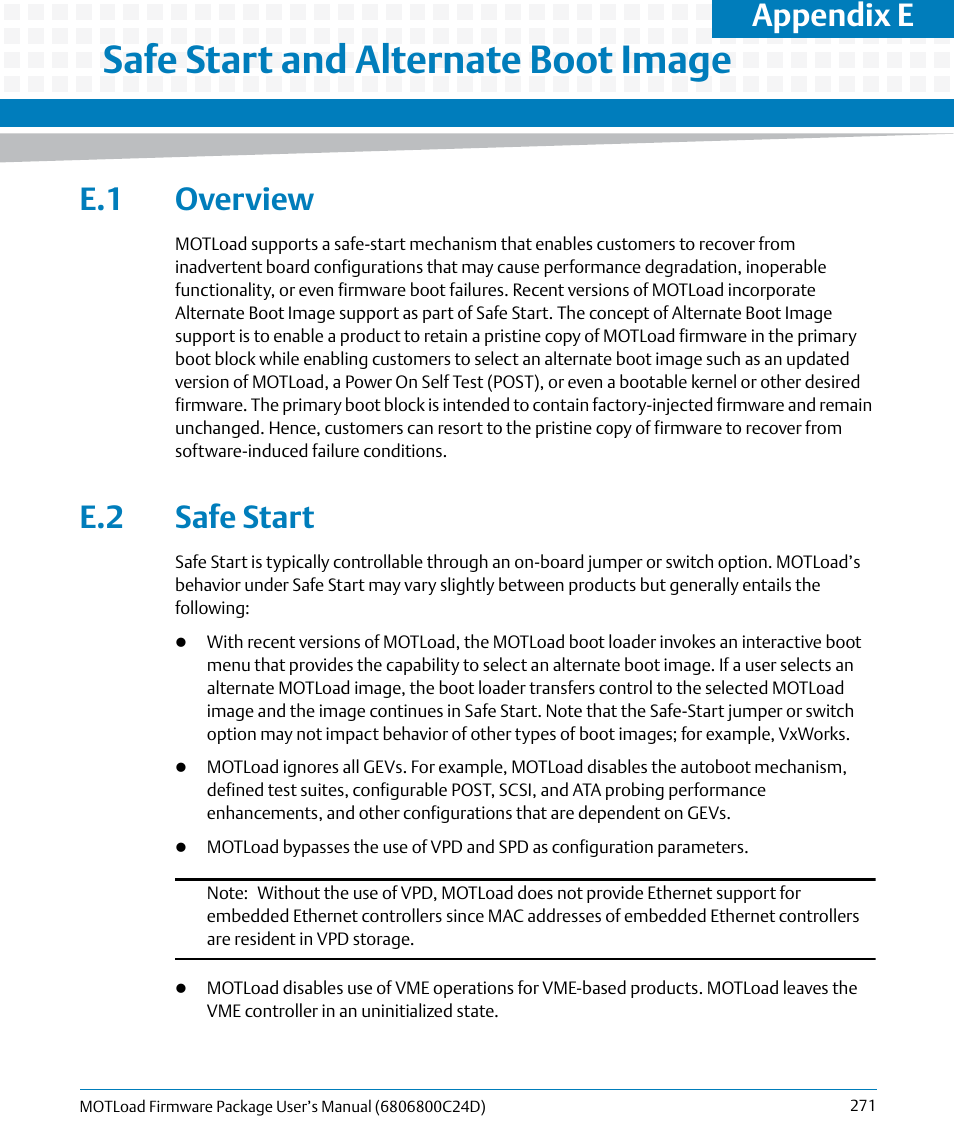 E safe start and alternate boot image, E.1 overview, E.2 safe start | Safe start and alternate boot image, Overview, Safe start, Appendix e, safe start and alternate boot image, Appendix e | Artesyn MOTLoad Firmware Package User's Manual (February 2015) User Manual | Page 271 / 282