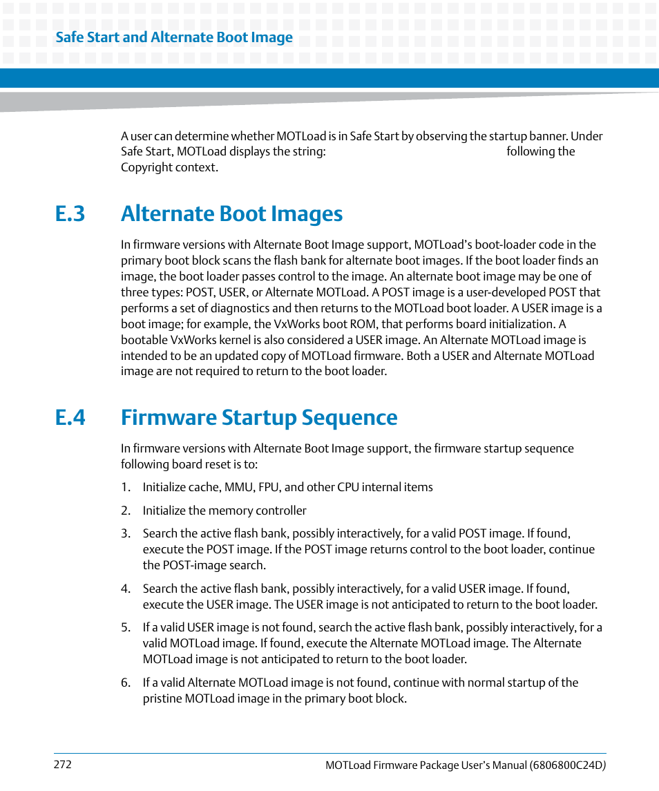 E.3 alternate boot images, E.4 firmware startup sequence, Alternate boot images | Firmware startup sequence | Artesyn MOTLoad Firmware Package User's Manual (February 2015) User Manual | Page 272 / 282