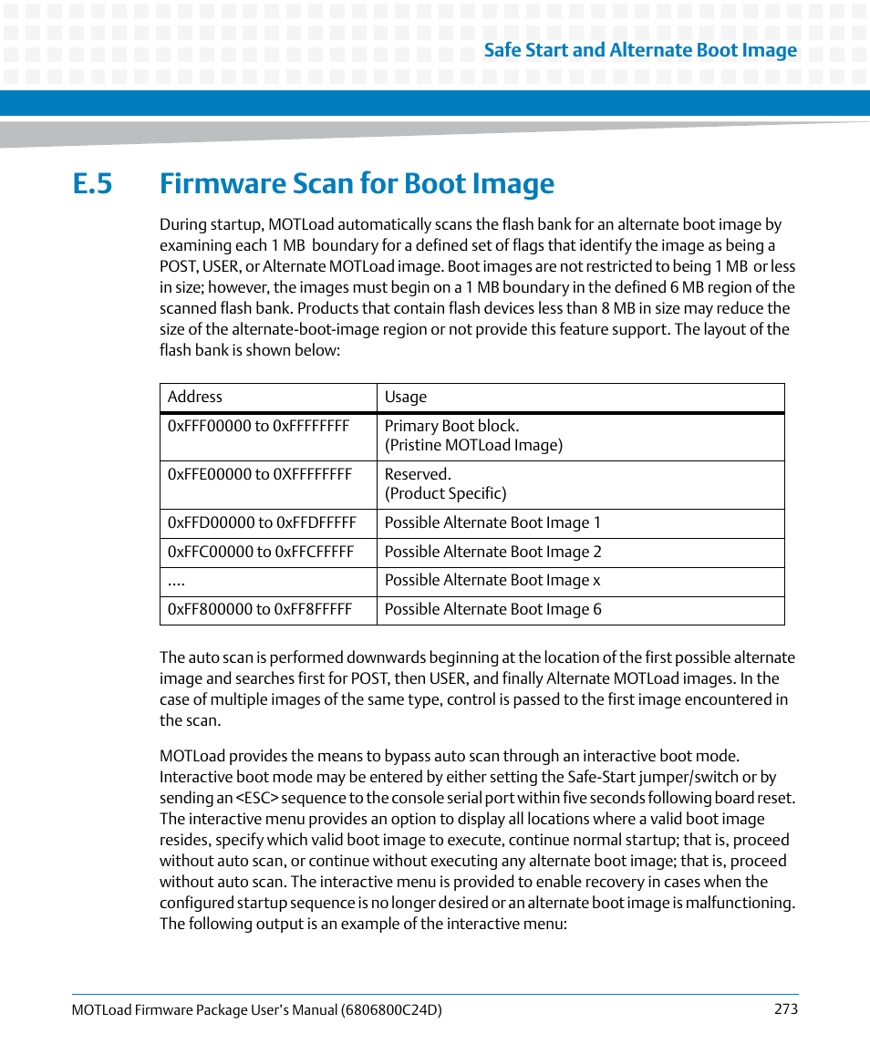 E.5 firmware scan for boot image, Firmware scan for boot image | Artesyn MOTLoad Firmware Package User's Manual (February 2015) User Manual | Page 273 / 282