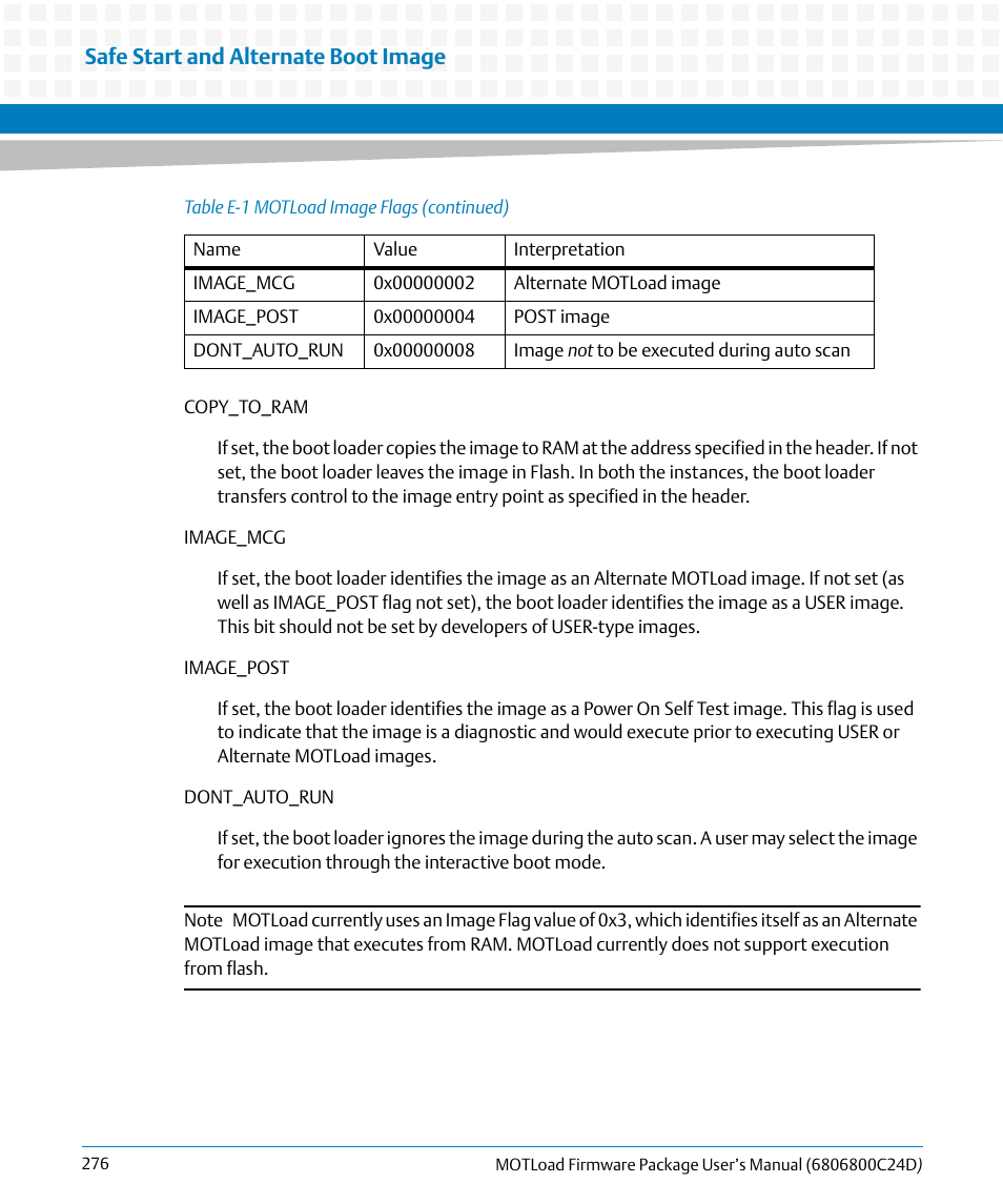 Safe start and alternate boot image | Artesyn MOTLoad Firmware Package User's Manual (February 2015) User Manual | Page 276 / 282