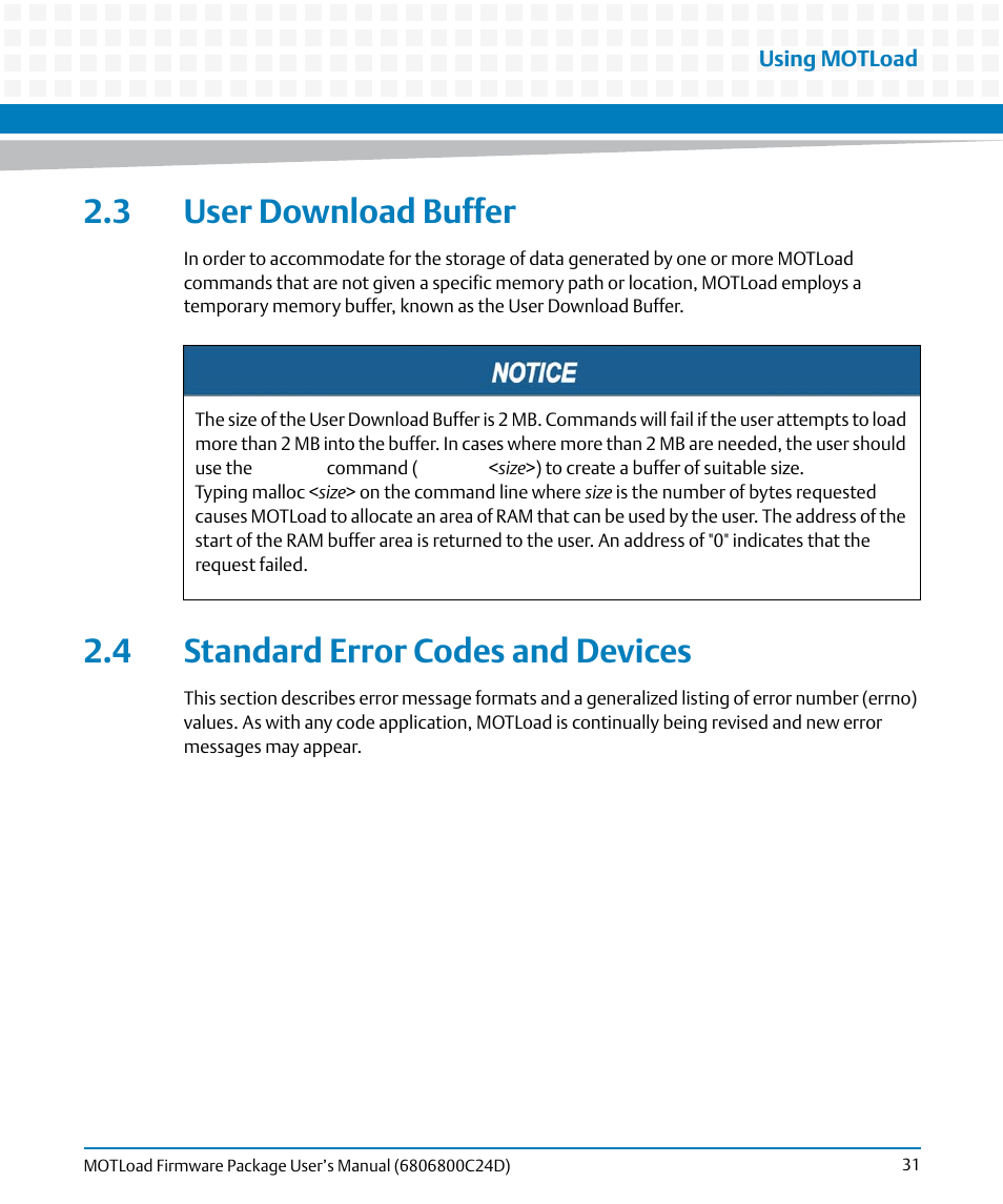 3 user download buffer, 4 standard error codes and devices, Standard error codes and devices | Artesyn MOTLoad Firmware Package User's Manual (February 2015) User Manual | Page 31 / 282