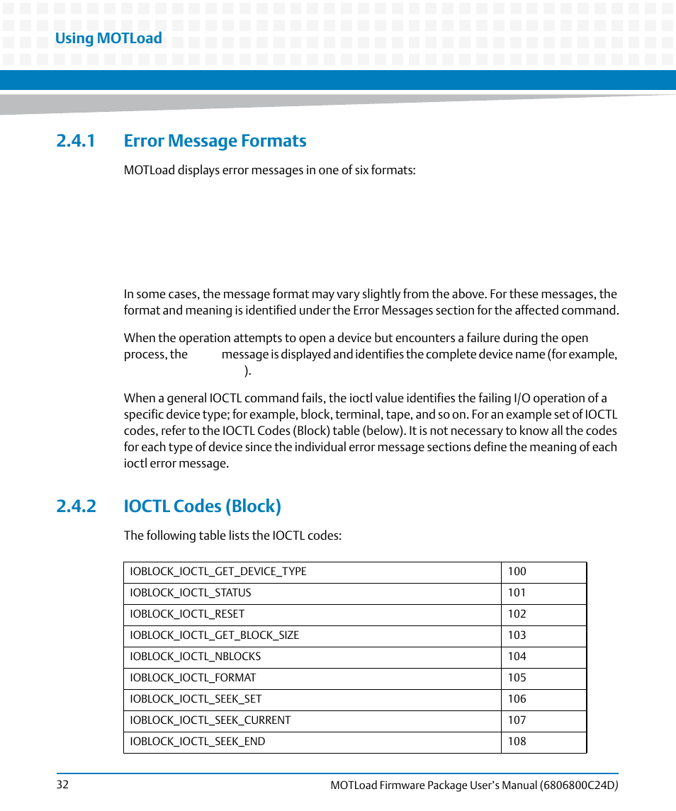 1 error message formats, 2 ioctl codes (block), 1 error message formats 2.4.2 ioctl codes (block) | Using motload | Artesyn MOTLoad Firmware Package User's Manual (February 2015) User Manual | Page 32 / 282
