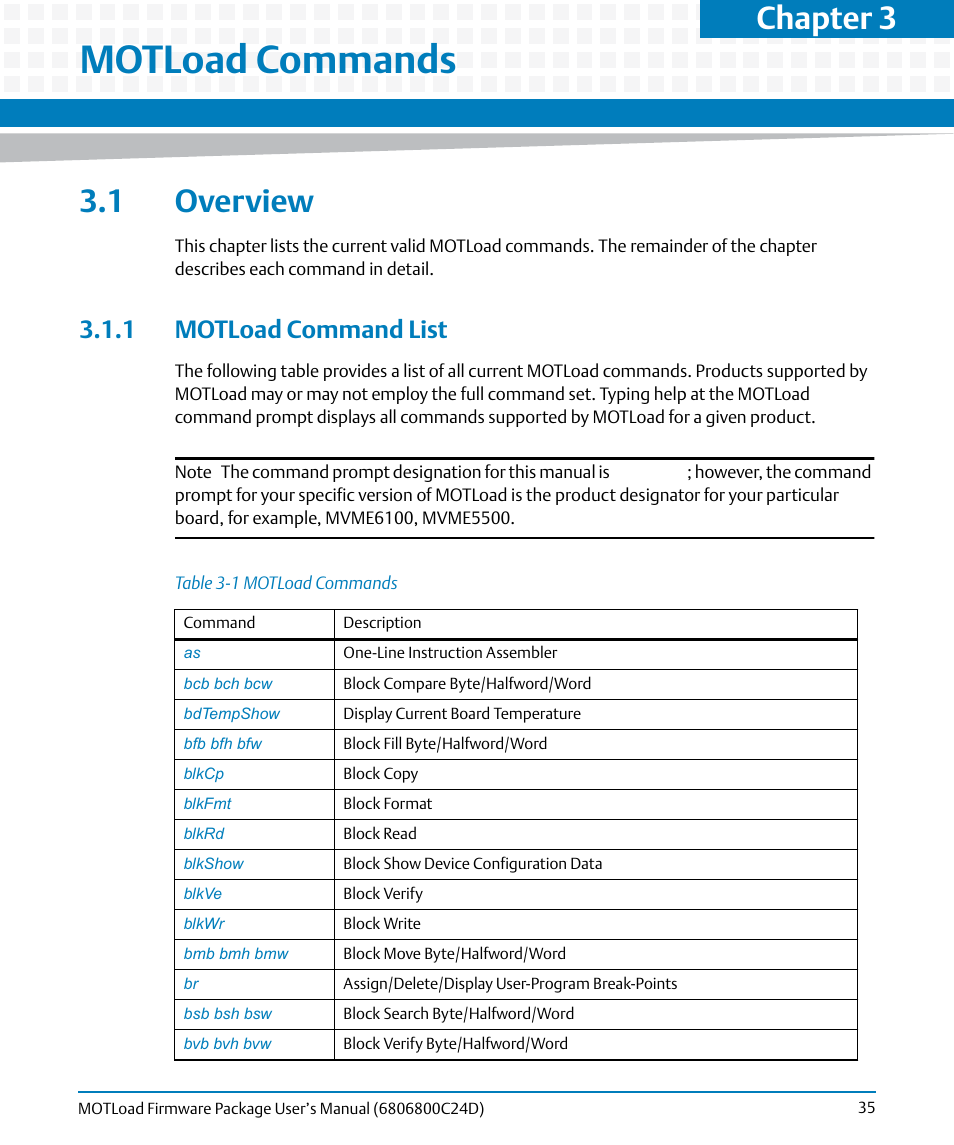 Motload commands, 1 overview, 1 motload command list | Table 3-1, Chapter 3, motload commands, Chapter 3 | Artesyn MOTLoad Firmware Package User's Manual (February 2015) User Manual | Page 35 / 282