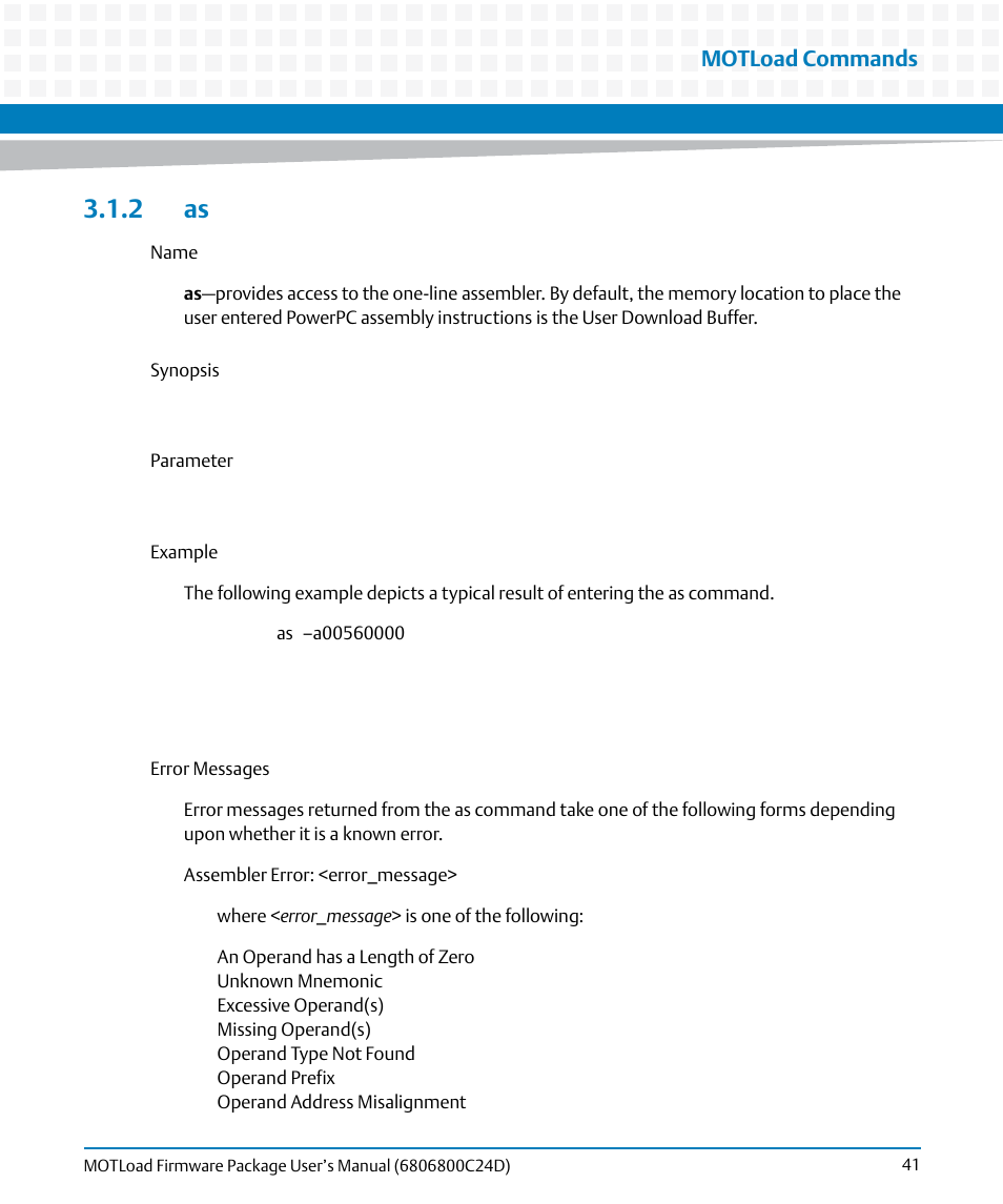 2 as, Motload commands | Artesyn MOTLoad Firmware Package User's Manual (February 2015) User Manual | Page 41 / 282