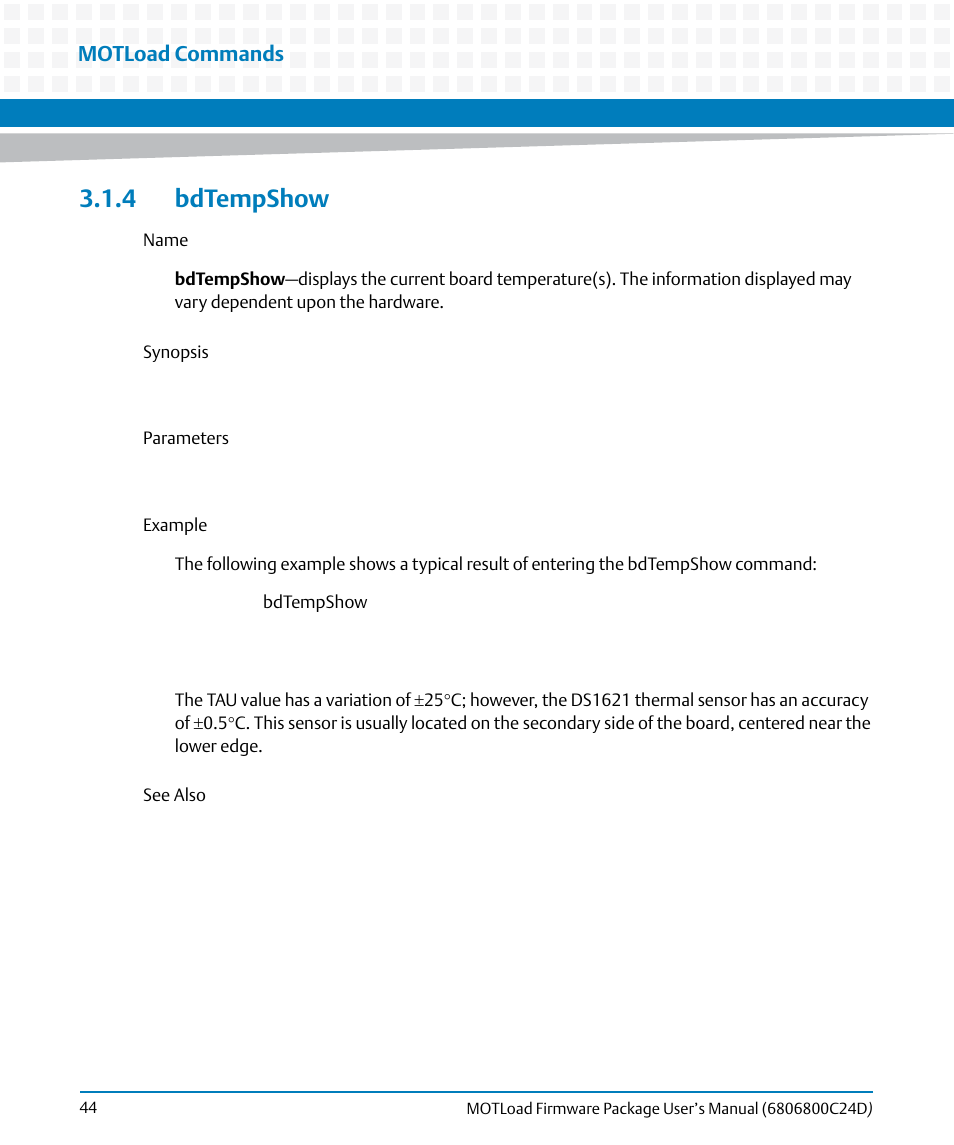 4 bdtempshow, Bdtempshow, Motload commands | Artesyn MOTLoad Firmware Package User's Manual (February 2015) User Manual | Page 44 / 282