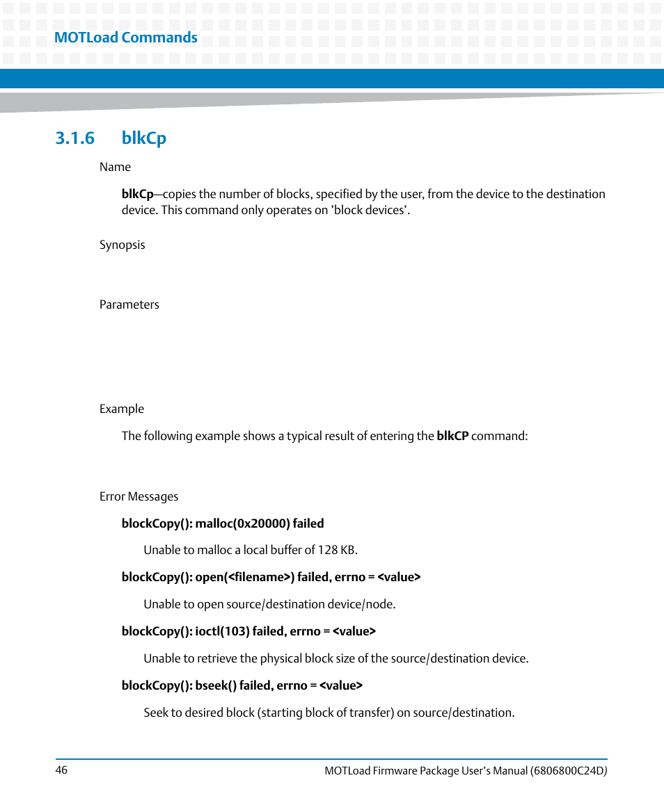 6 blkcp, Blkcp, Motload commands | Artesyn MOTLoad Firmware Package User's Manual (February 2015) User Manual | Page 46 / 282