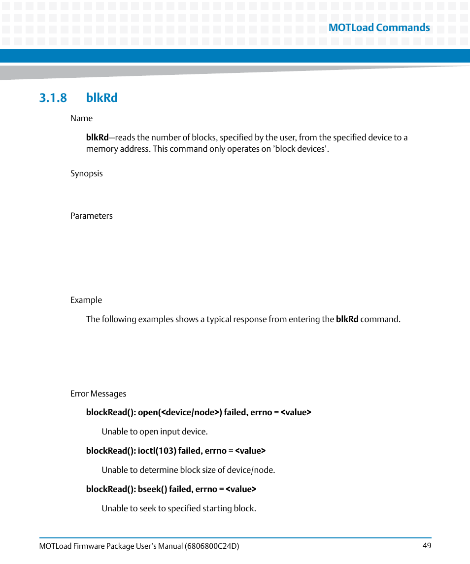 8 blkrd, Blkrd, Motload commands | Artesyn MOTLoad Firmware Package User's Manual (February 2015) User Manual | Page 49 / 282