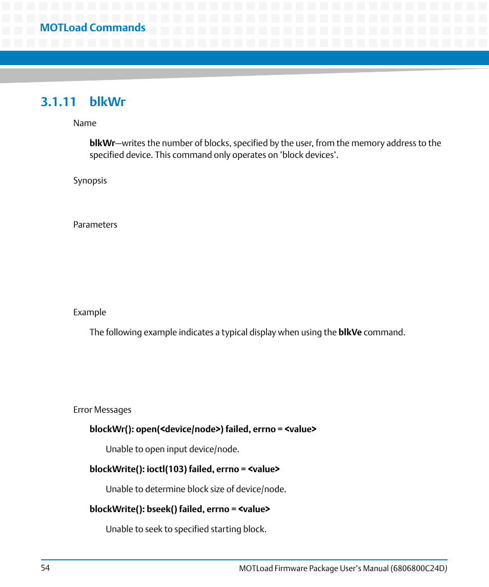 11 blkwr, Blkwr, Motload commands | Artesyn MOTLoad Firmware Package User's Manual (February 2015) User Manual | Page 54 / 282