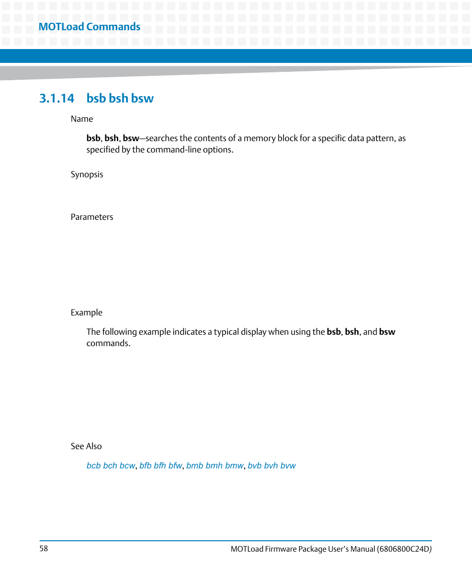 14 bsb bsh bsw, Bsb bsh bsw, Motload commands | Artesyn MOTLoad Firmware Package User's Manual (February 2015) User Manual | Page 58 / 282
