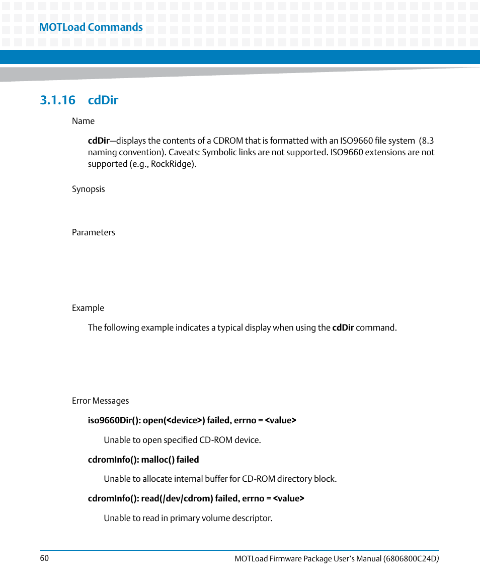 16 cddir, Cddir, Motload commands | Artesyn MOTLoad Firmware Package User's Manual (February 2015) User Manual | Page 60 / 282