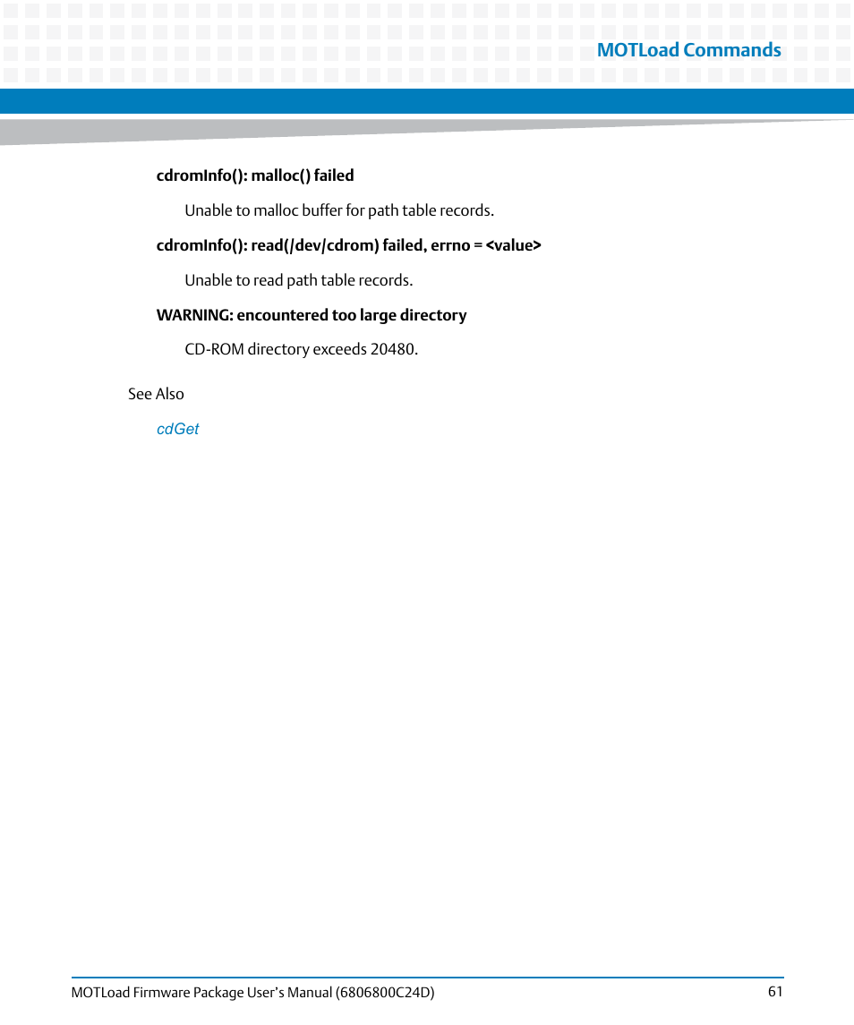 Motload commands | Artesyn MOTLoad Firmware Package User's Manual (February 2015) User Manual | Page 61 / 282