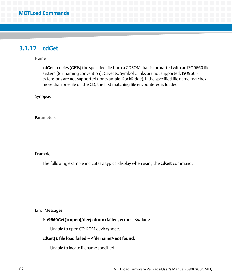 17 cdget, Cdget, Motload commands | Artesyn MOTLoad Firmware Package User's Manual (February 2015) User Manual | Page 62 / 282