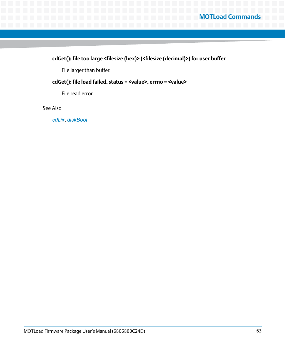 Motload commands | Artesyn MOTLoad Firmware Package User's Manual (February 2015) User Manual | Page 63 / 282