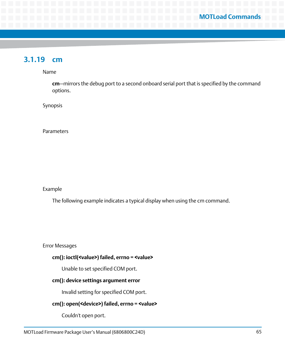 19 cm, Motload commands | Artesyn MOTLoad Firmware Package User's Manual (February 2015) User Manual | Page 65 / 282