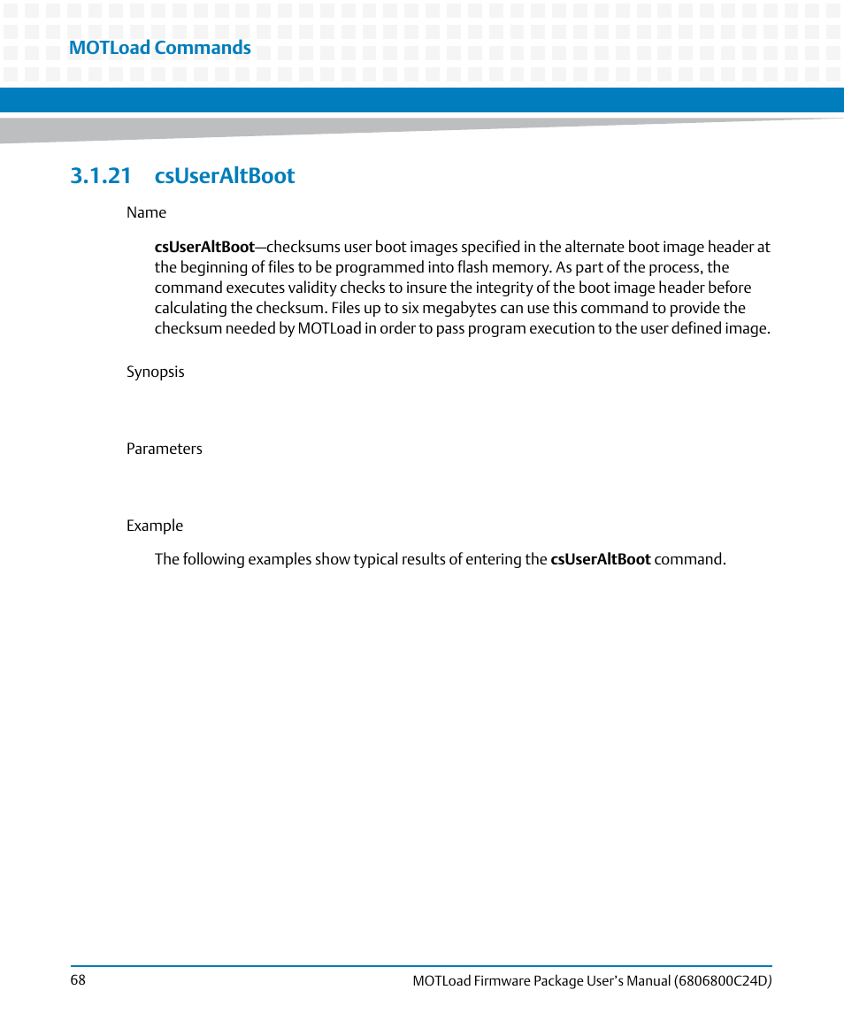 21 csuseraltboot, Csuseraltboot, Motload commands | Artesyn MOTLoad Firmware Package User's Manual (February 2015) User Manual | Page 68 / 282