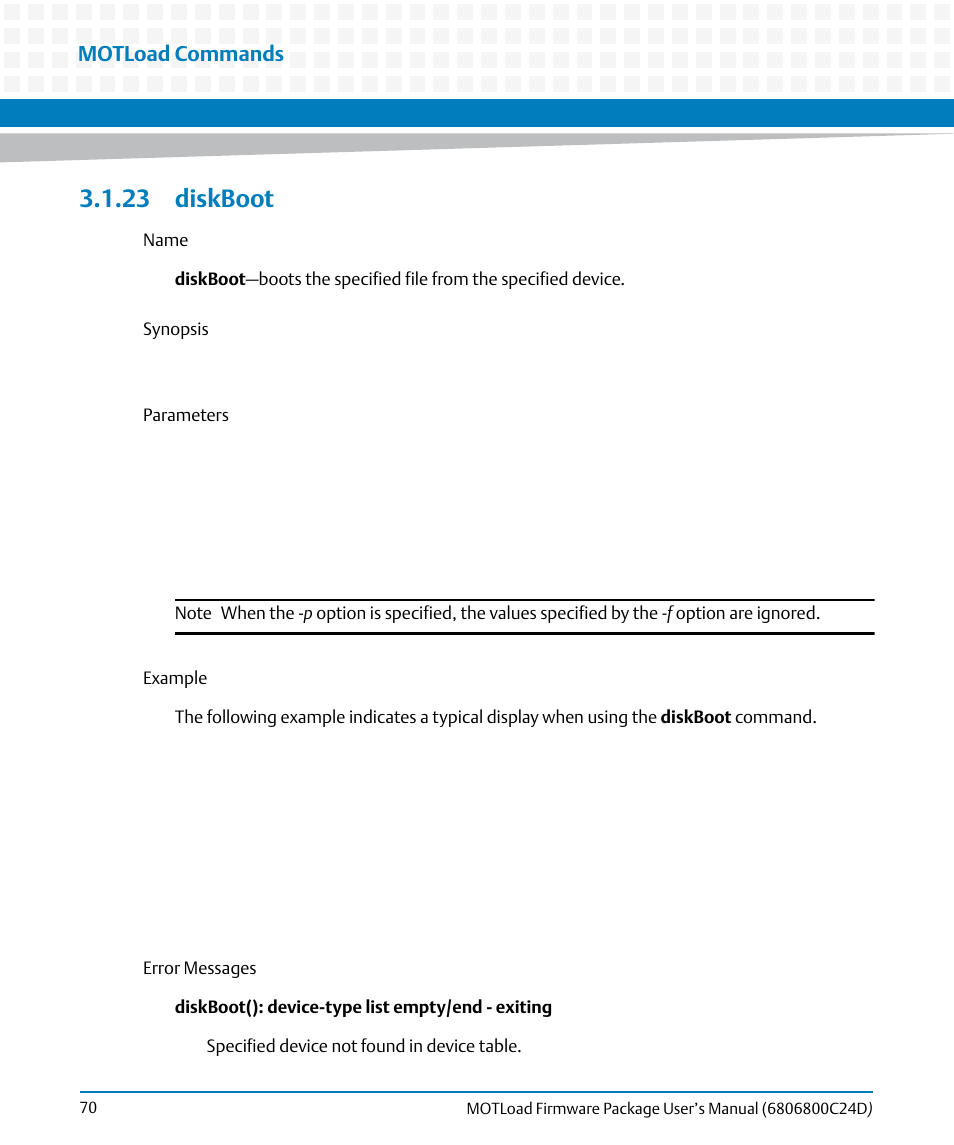 23 diskboot, Diskboot, Motload commands | Artesyn MOTLoad Firmware Package User's Manual (February 2015) User Manual | Page 70 / 282