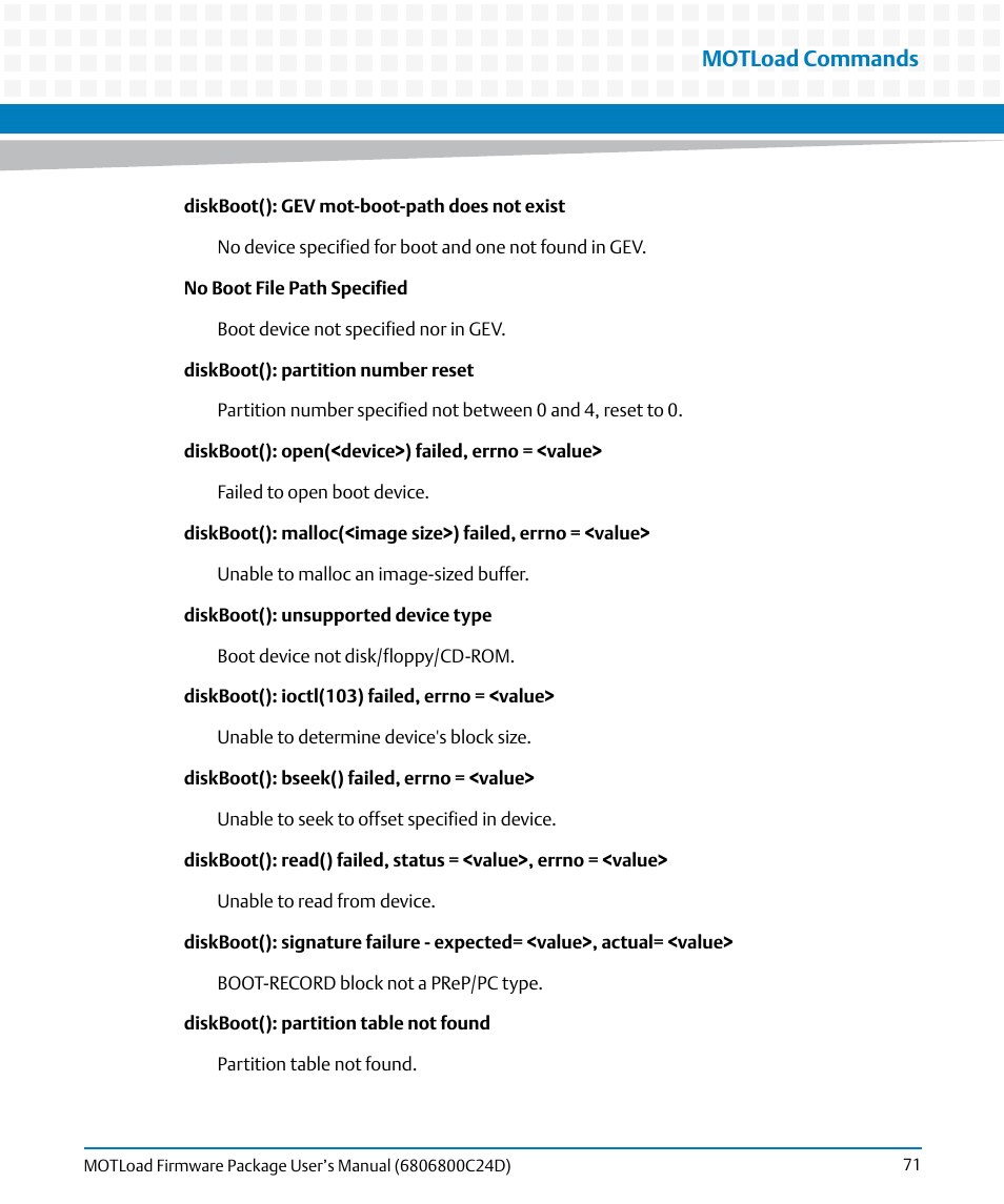 Motload commands | Artesyn MOTLoad Firmware Package User's Manual (February 2015) User Manual | Page 71 / 282
