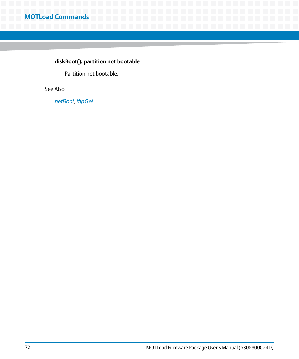 Motload commands | Artesyn MOTLoad Firmware Package User's Manual (February 2015) User Manual | Page 72 / 282