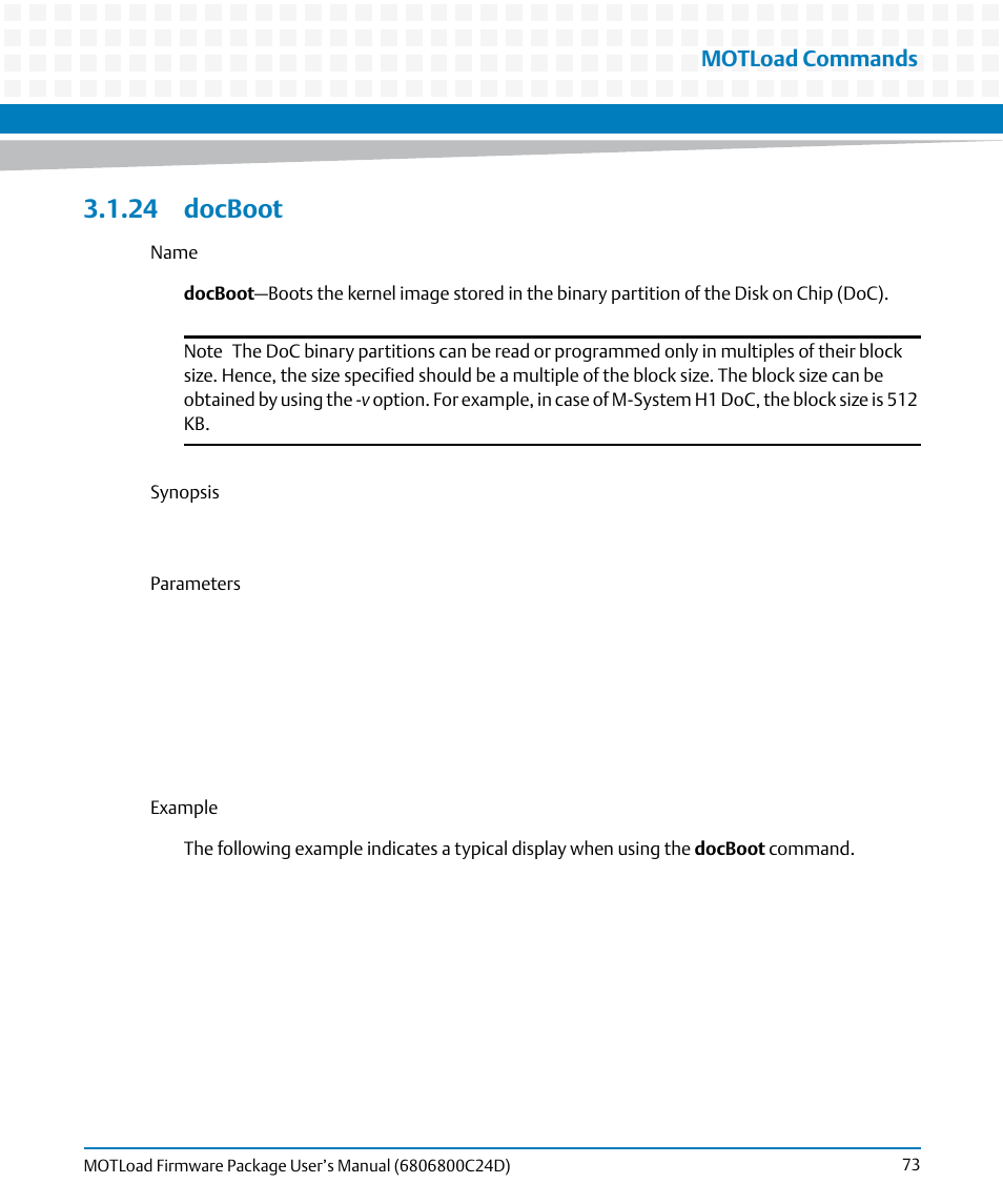 24 docboot, Docboot, Motload commands | Artesyn MOTLoad Firmware Package User's Manual (February 2015) User Manual | Page 73 / 282