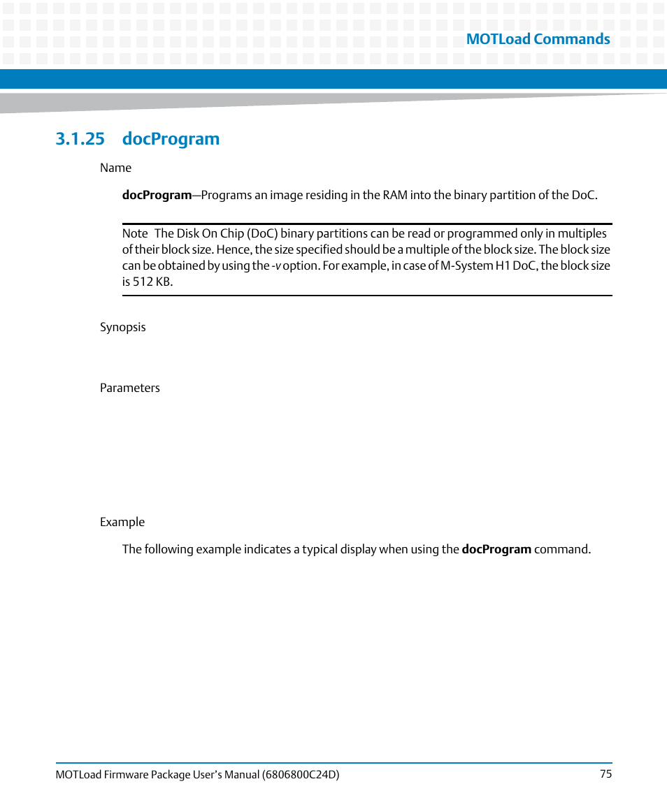 25 docprogram, Docprogram, Motload commands | Artesyn MOTLoad Firmware Package User's Manual (February 2015) User Manual | Page 75 / 282
