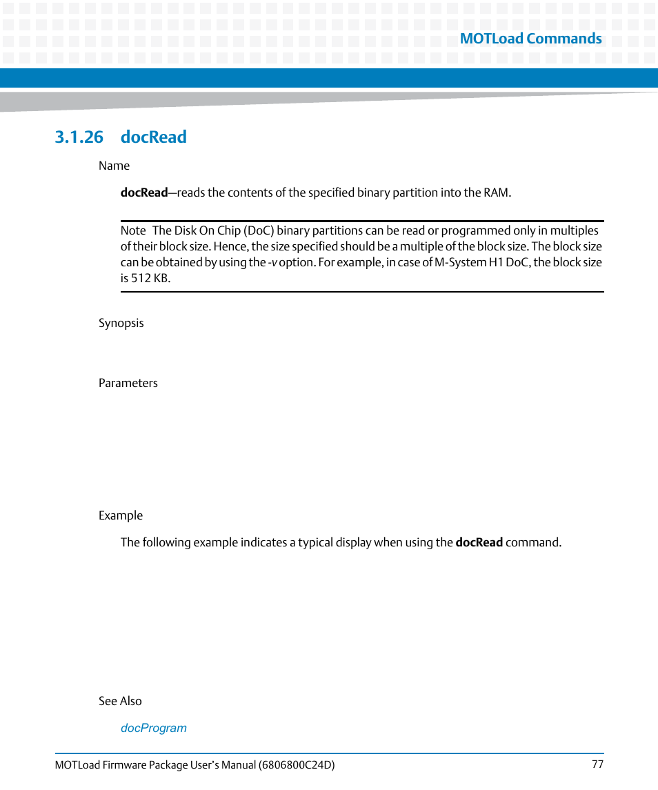 26 docread, Docread, Motload commands | Artesyn MOTLoad Firmware Package User's Manual (February 2015) User Manual | Page 77 / 282